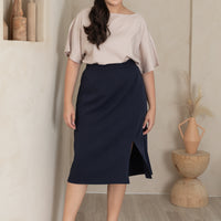 Deidre High Waisted Slit Midi Skirt In Navy Blue