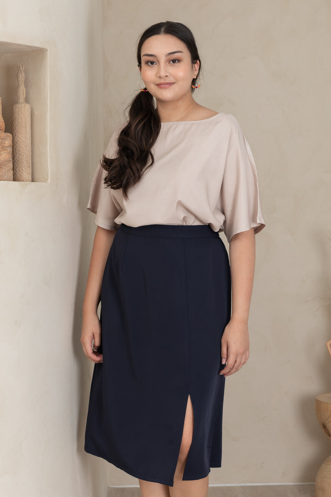 Deidre High Waisted Slit Midi Skirt In Navy Blue