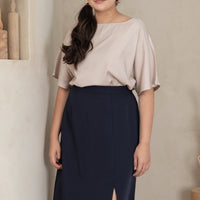 Deidre High Waisted Slit Midi Skirt In Navy Blue