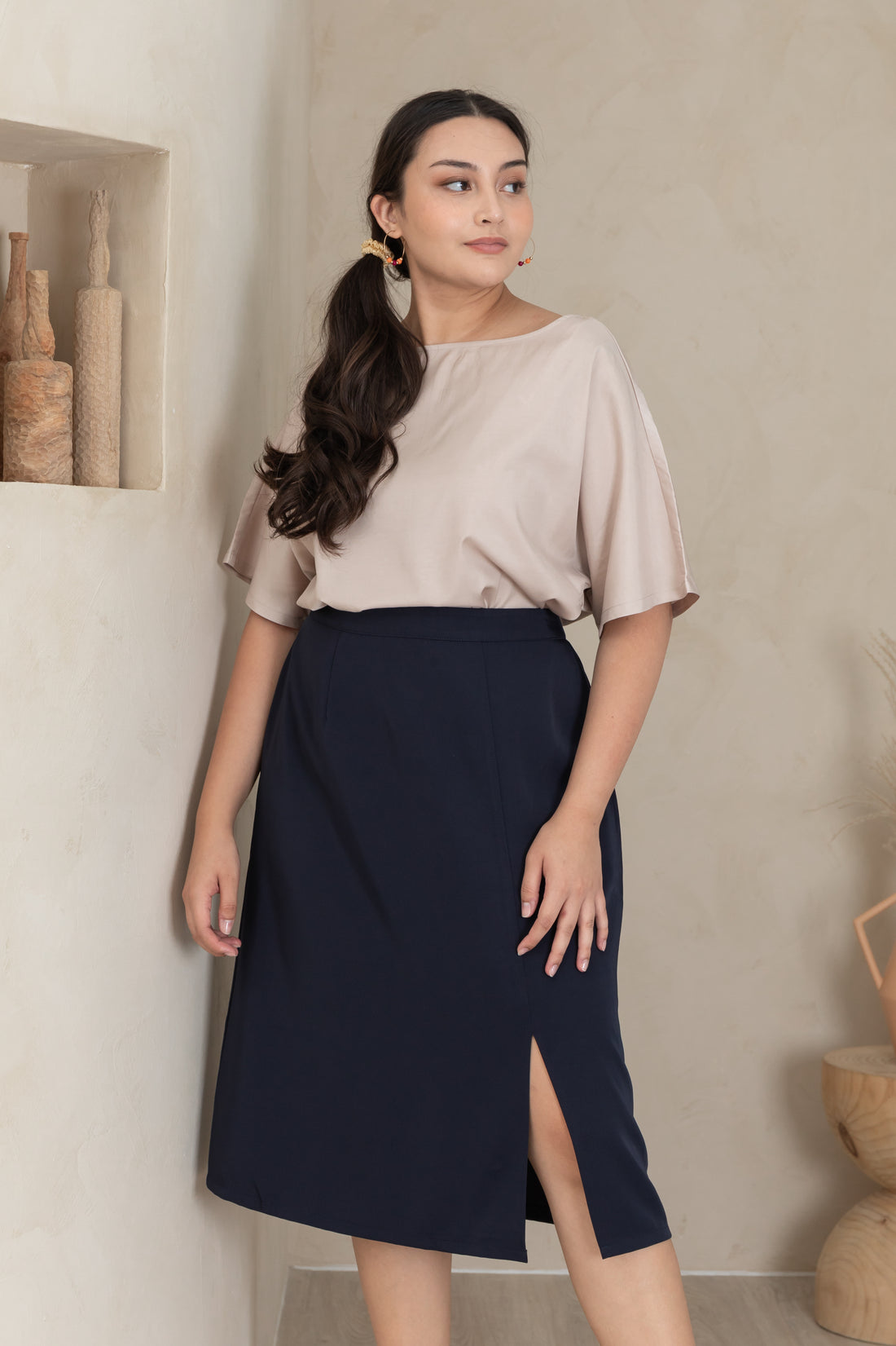 Deidre High Waisted Slit Midi Skirt In Navy Blue