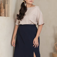 Deidre High Waisted Slit Midi Skirt In Navy Blue