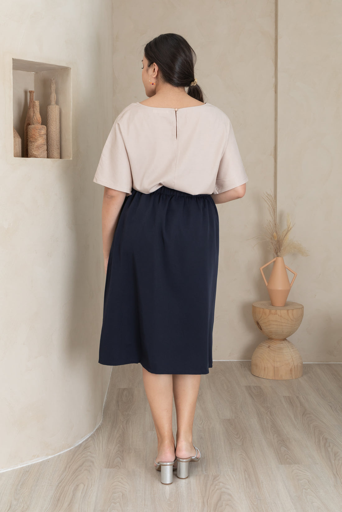 Deidre High Waisted Slit Midi Skirt In Navy Blue