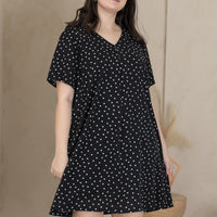 Leah V-Neck Shift Dress In Black Polka Dots