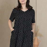 Leah V-Neck Shift Dress In Black Polka Dots