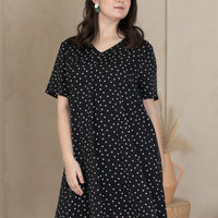 Leah V-Neck Shift Dress In Black Polka Dots