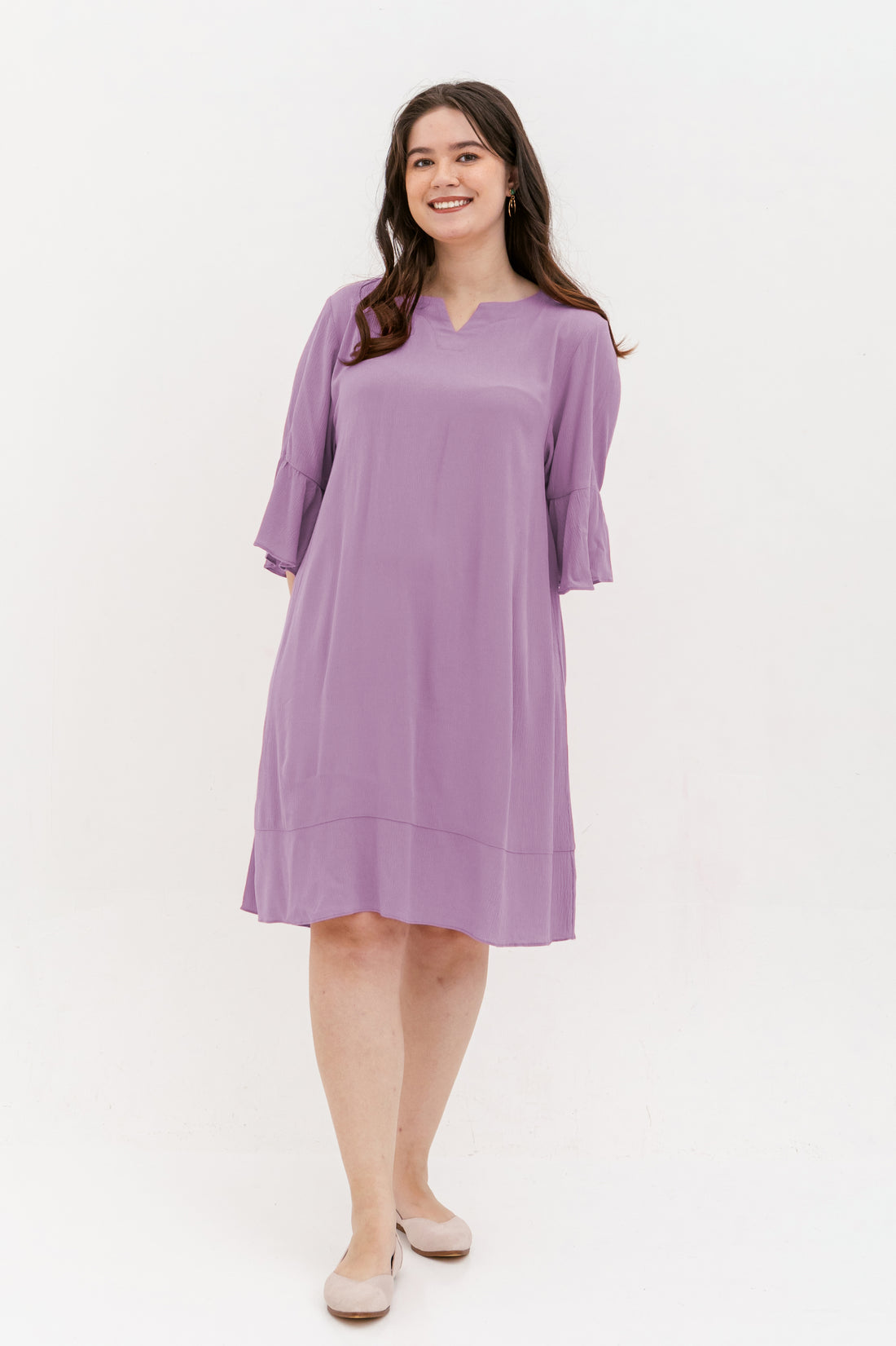 Lillian Trumpet Sleeve Dress In Mauve Purple