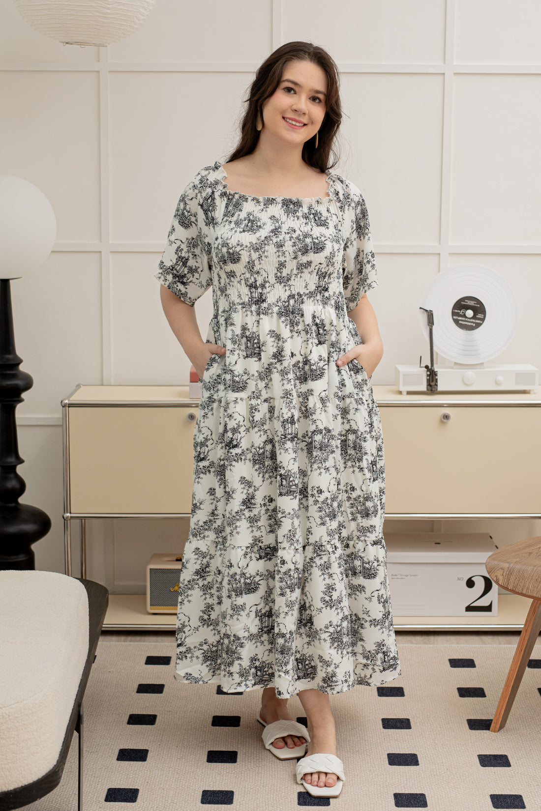 Flora Smocked Maxi Dress In White-Black Toile De Jouy