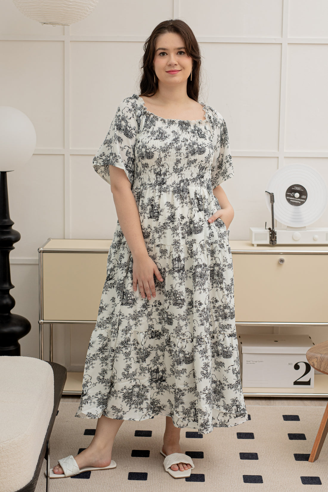 Flora Smocked Maxi Dress In White-Black Toile De Jouy