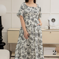 Flora Smocked Maxi Dress In White-Black Toile De Jouy