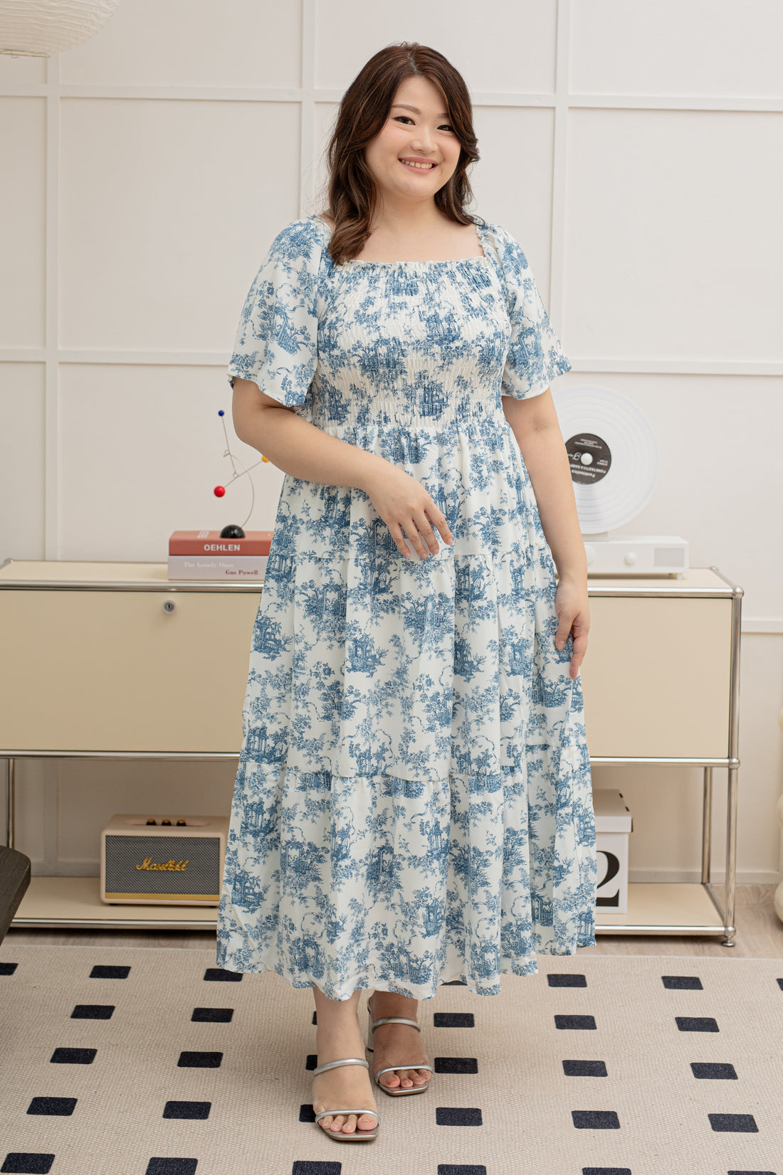 (RESTOCK) Flora Smocked Maxi Dress In Blue Toile De Jouy