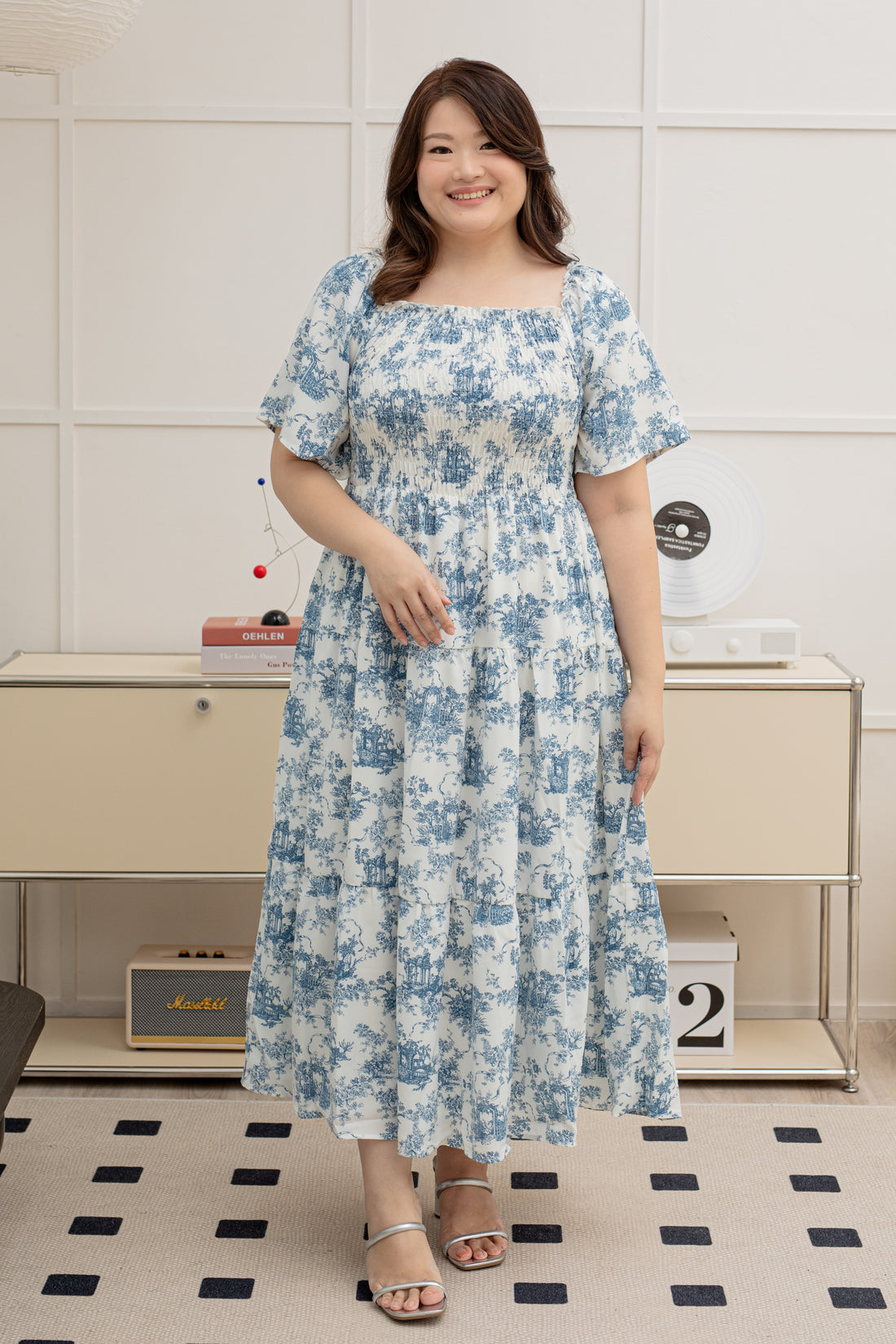 RESTOCK) Flora Smocked Maxi Dress In Blue Toile De Jouy LaineCurve RESTOCK) Flora Smocked Maxi Dress In Blue Toile De Jouy LaineCurve