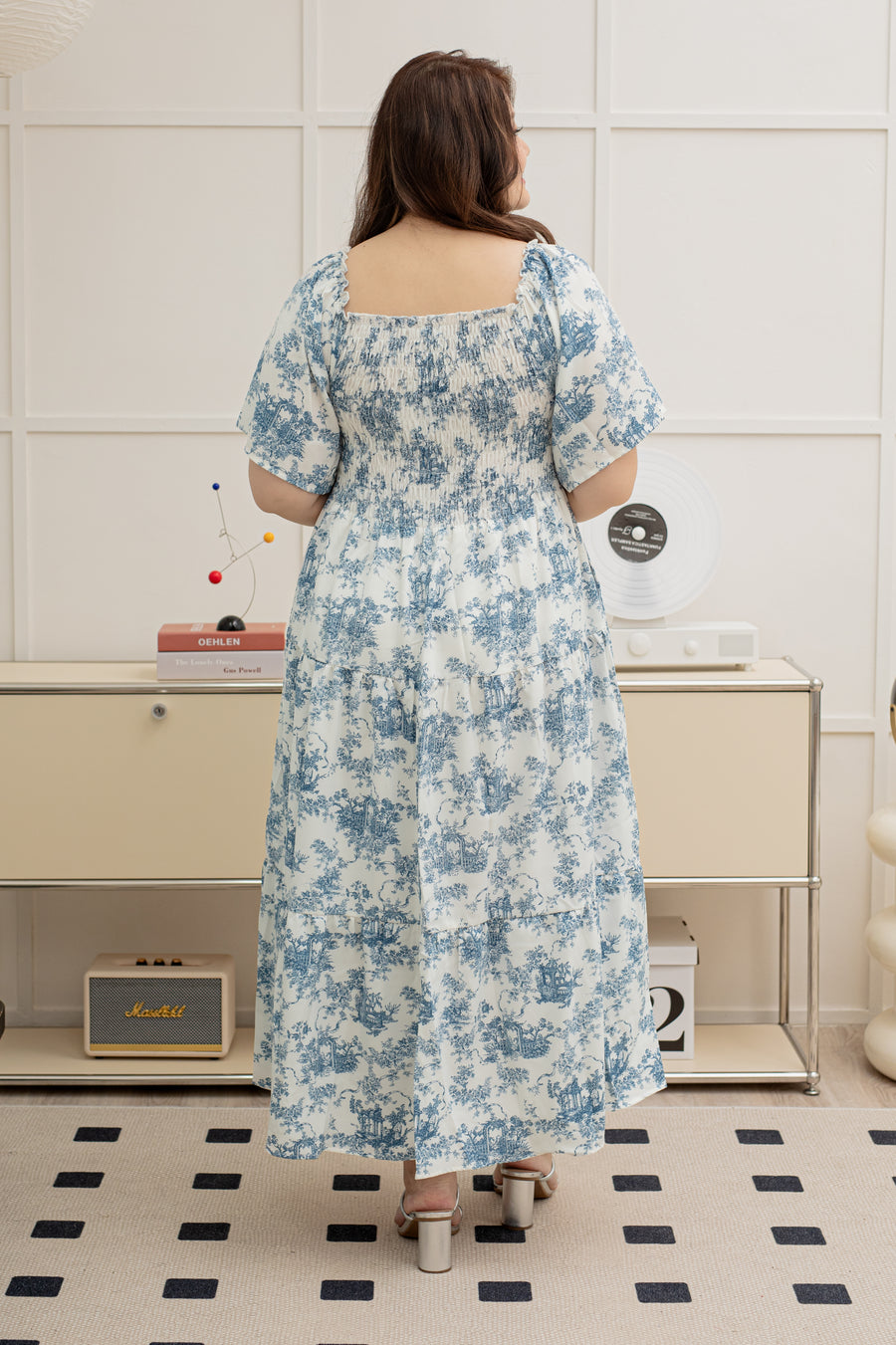 (RESTOCK) Flora Smocked Maxi Dress In Blue Toile De Jouy