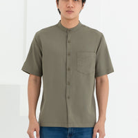 George Mandarin Collar Shirt In Olive Green