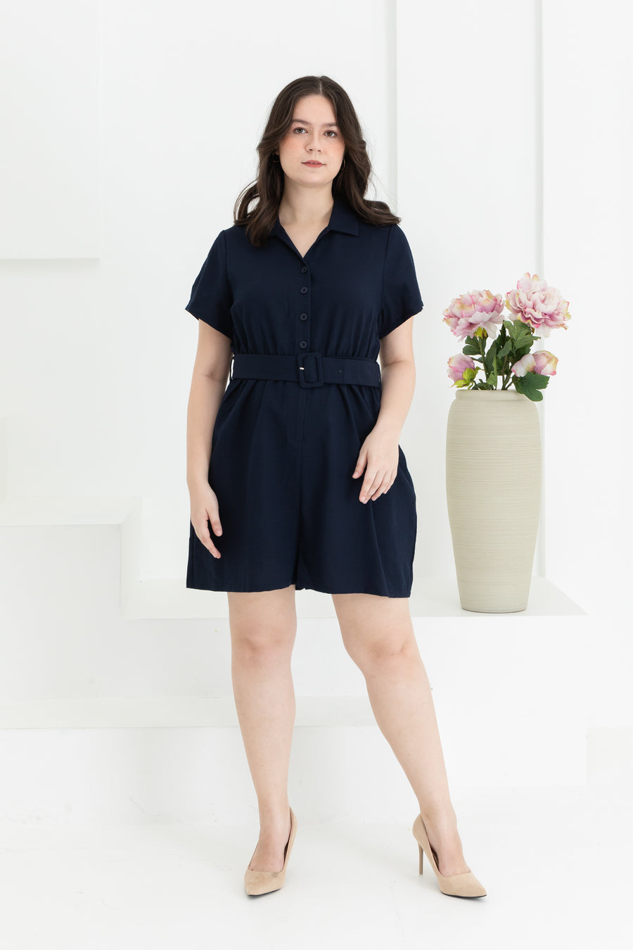 Shauna Belted Romper In Navy