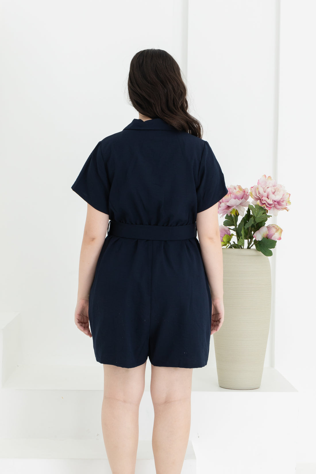 Shauna Belted Romper In Navy