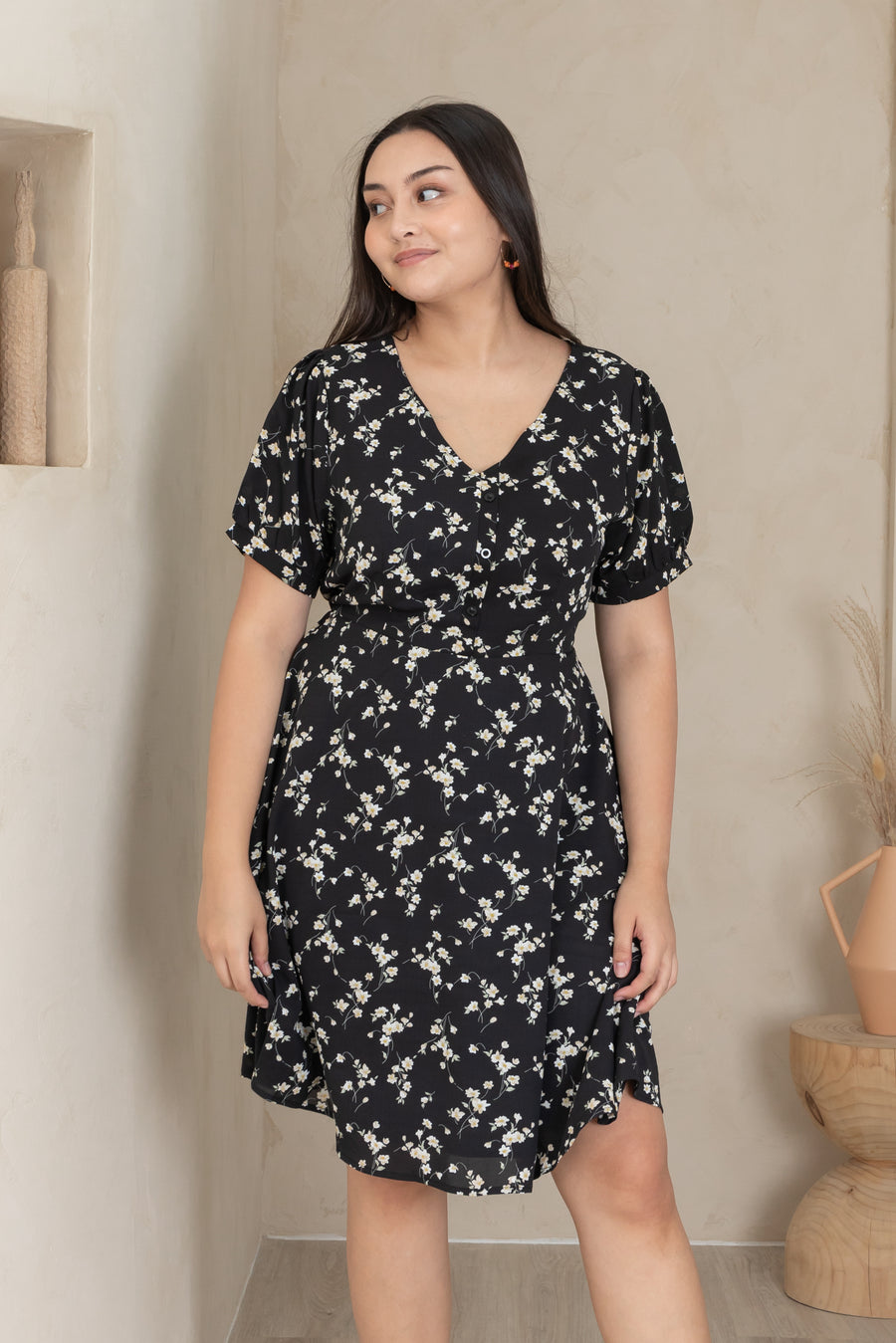 Ariel Floral Button Dress In Black-Yellow