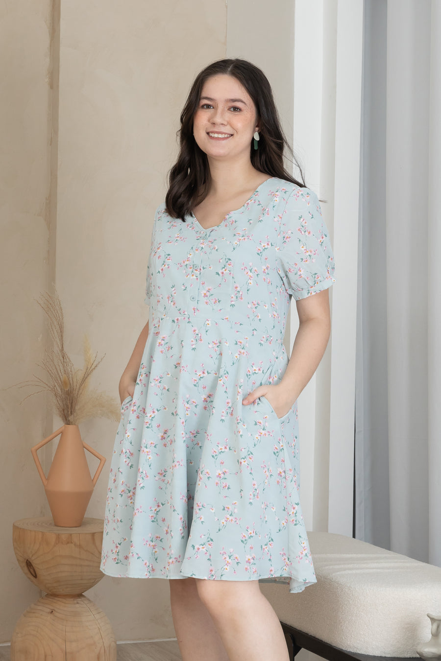 Ariel Floral Button Dress In Blue