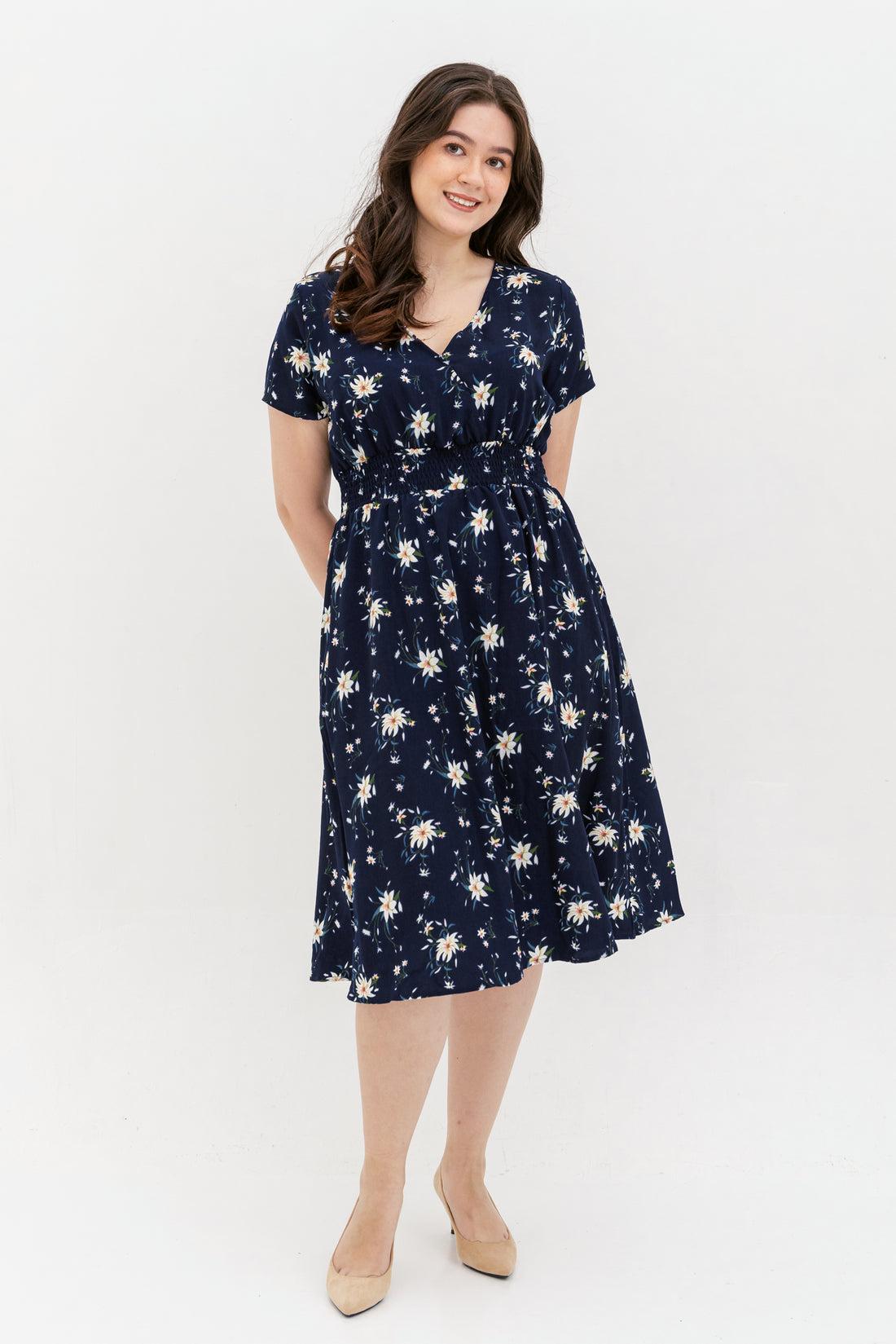 Audrey Midi Dress In Navy Blue Floral