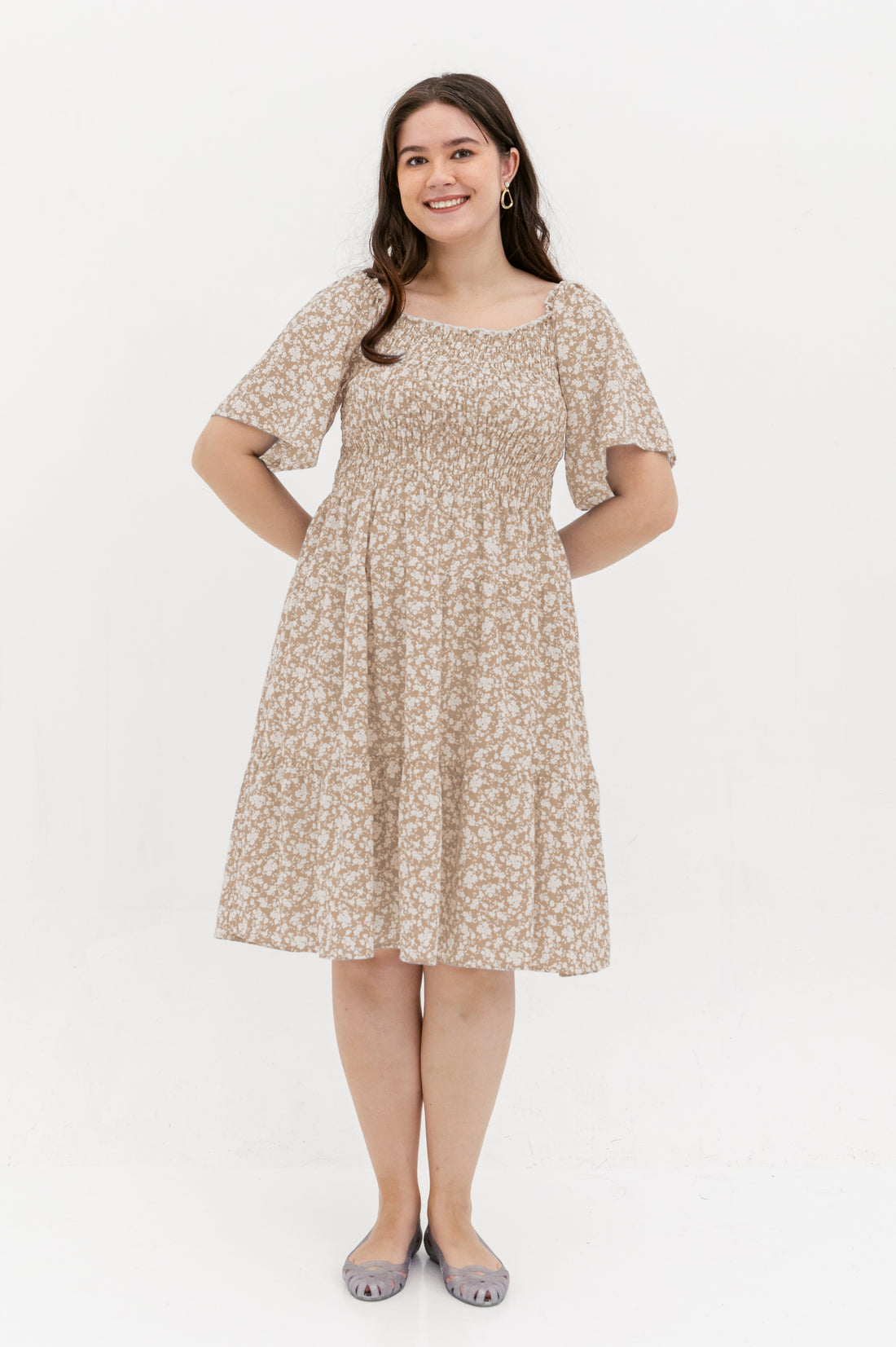 Flora Smocked Casual Dress In Beige