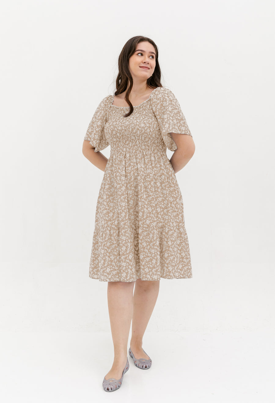 Flora Smocked Casual Dress In Beige