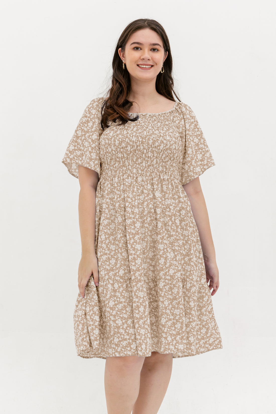 Flora Smocked Casual Dress In Beige