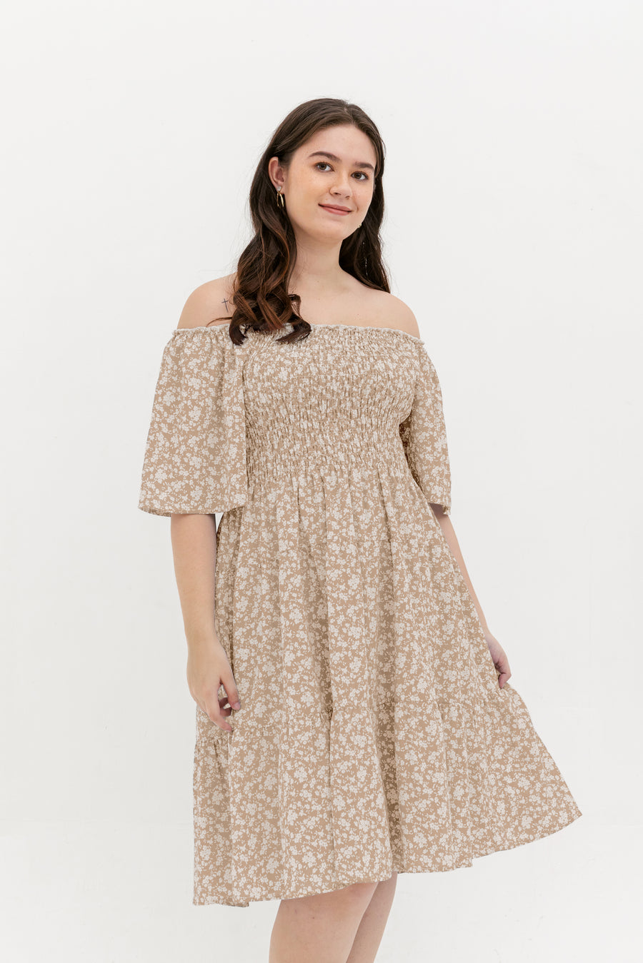 Flora Smocked Casual Dress In Beige