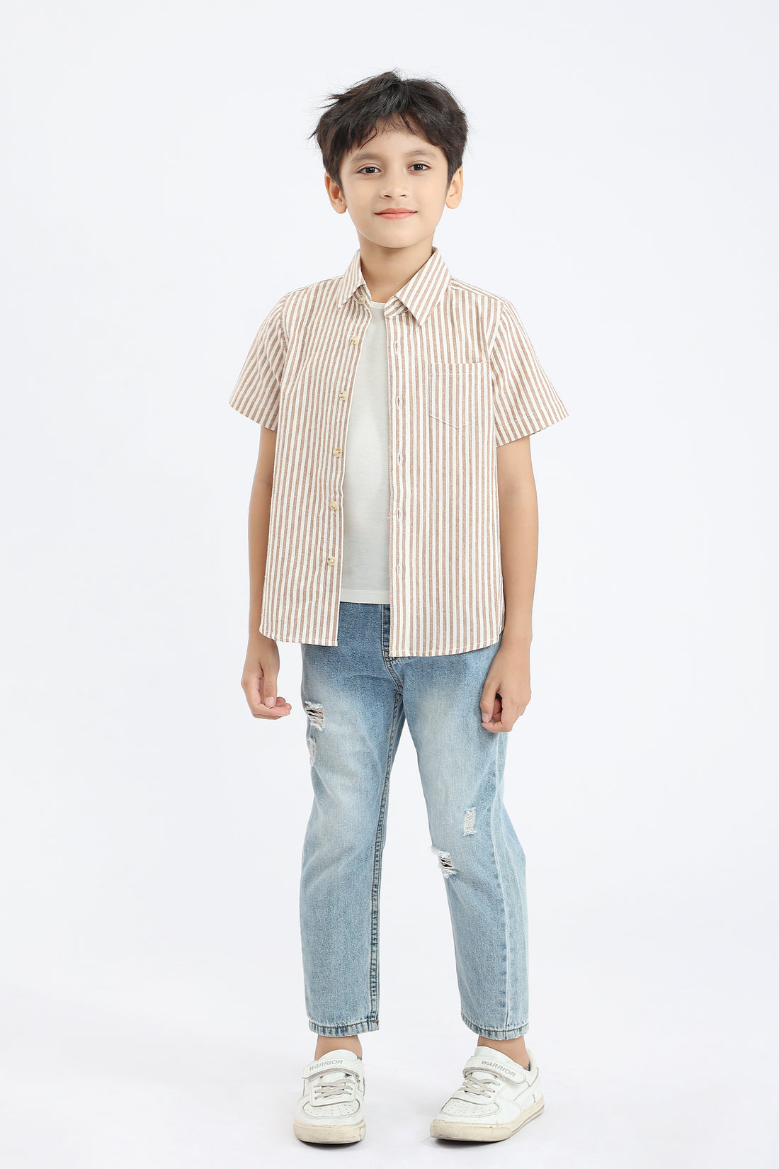 Ezra Button Shirt In Sand Stripes