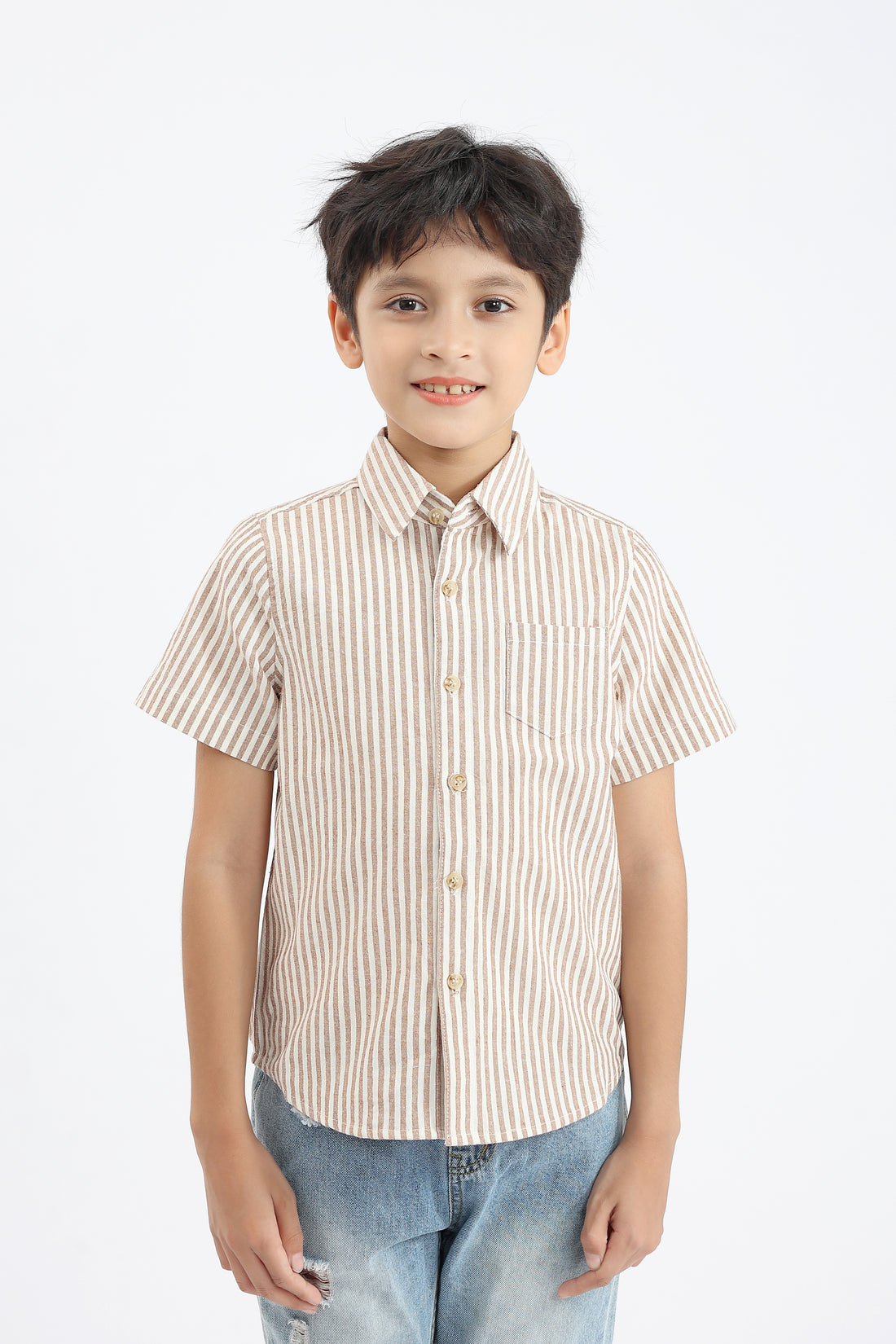 Ezra Button Shirt In Sand Stripes