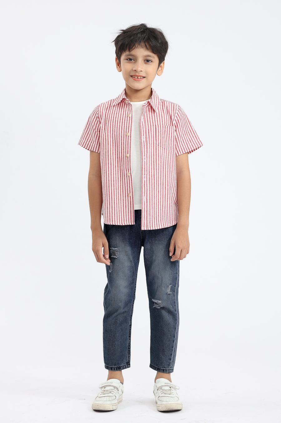 Ezra Button Shirt In Red Stripes