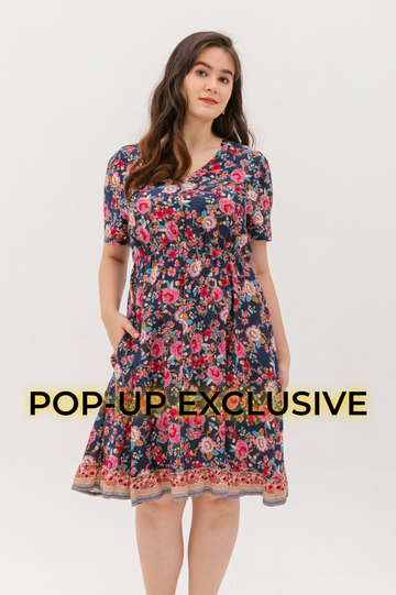 Estelle Bohemian Floral Dress In Navy Blue