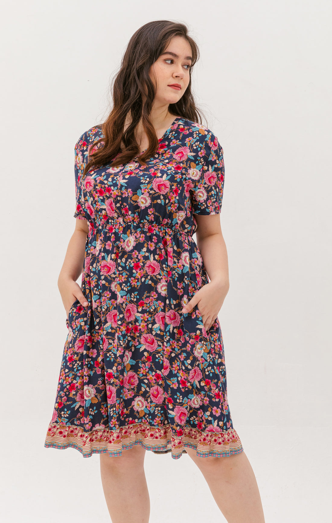 Estelle Bohemian Floral Dress In Navy Blue