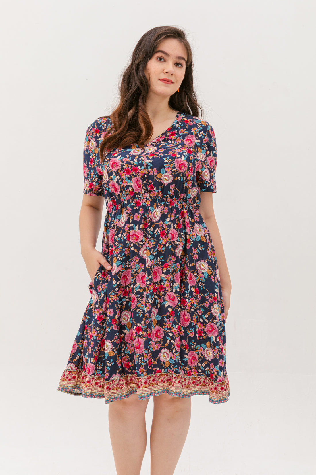 Estelle Bohemian Floral Dress In Navy Blue