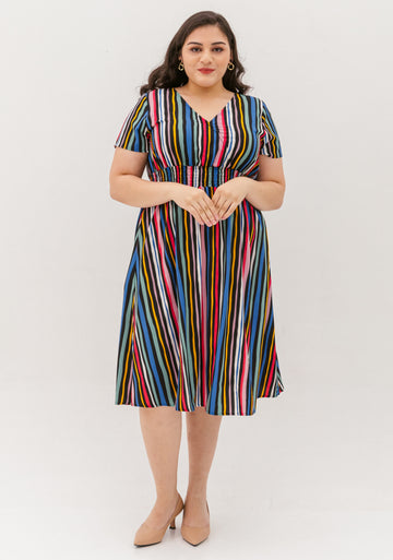 Audrey Midi Dress In Navy Stripes
