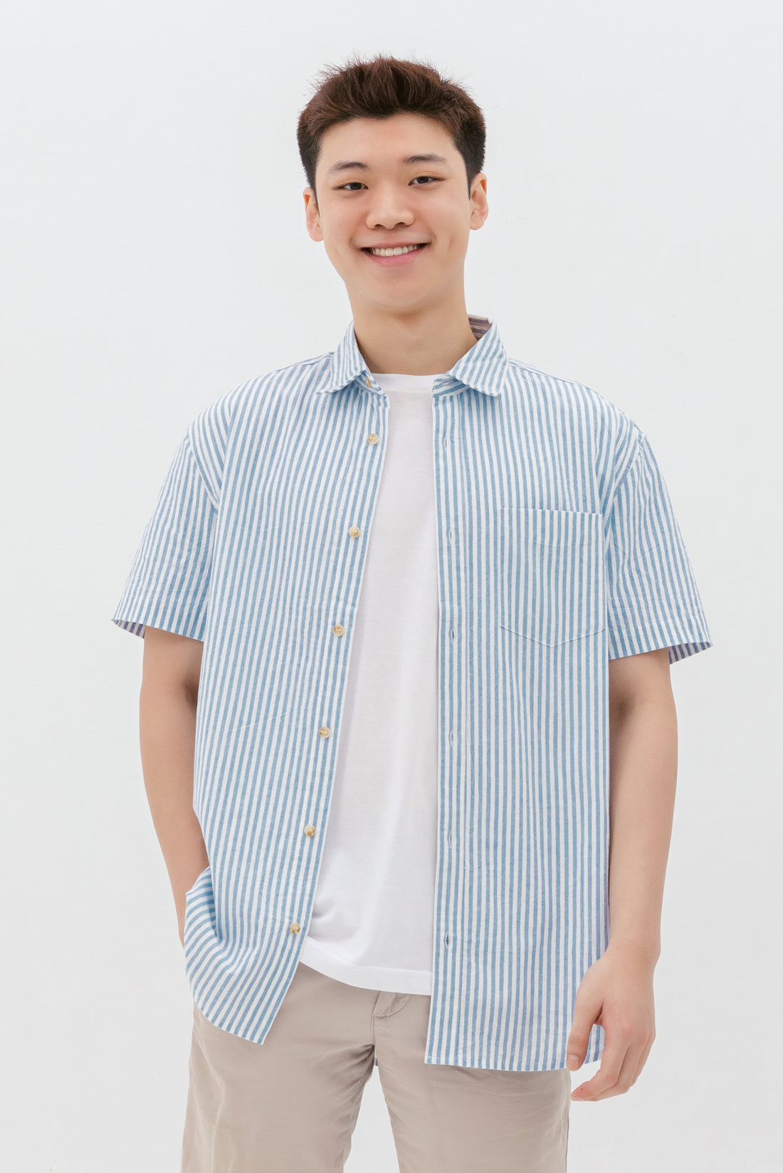 Edmund Button Shirt In Blue Stripes