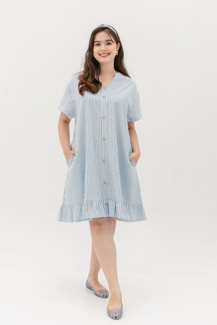 Elizabeth Fluted Hem Dress In Blue Stripes