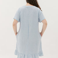 Elizabeth Fluted Hem Dress In Blue Stripes