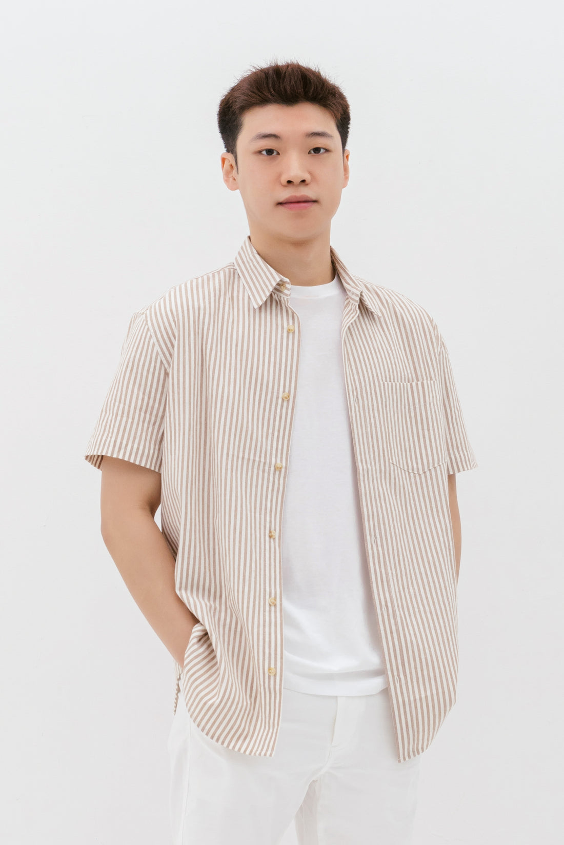 Edmund Button Shirt In Sand Stripes