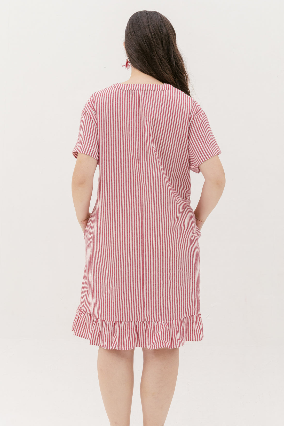 Elizabeth Fluted Hem Dress In Red Stripes