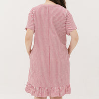 Elizabeth Fluted Hem Dress In Red Stripes