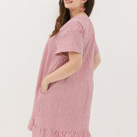 Elizabeth Fluted Hem Dress In Red Stripes