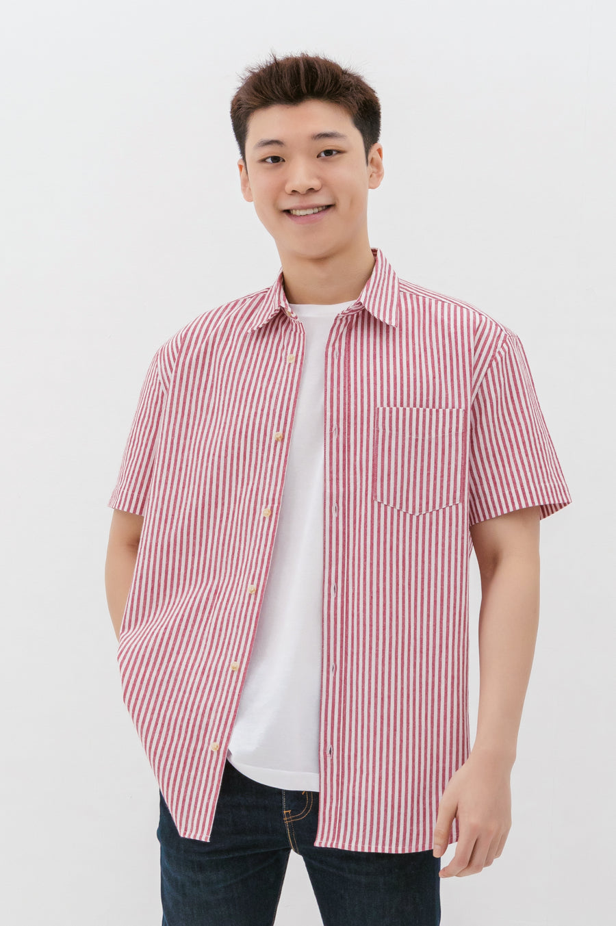 Edmund Button Shirt In Red Stripes