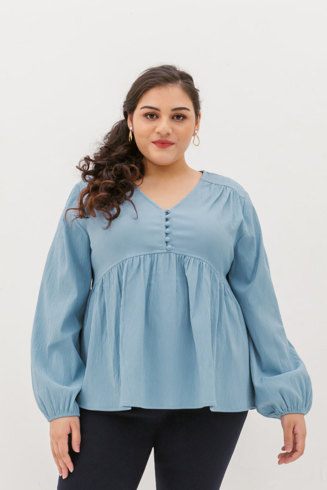 Bernadette Long-Sleeve Babydoll Top In Baby Blue – LaineCurve