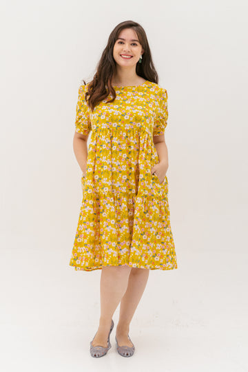 Florence Puff-Sleeved Floral Tiered Dress In Yellow