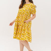 Florence Puff-Sleeved Floral Tiered Dress In Yellow