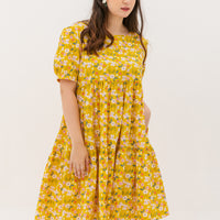 Florence Puff-Sleeved Floral Tiered Dress In Yellow