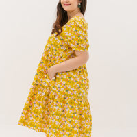 Florence Puff-Sleeved Floral Tiered Dress In Yellow