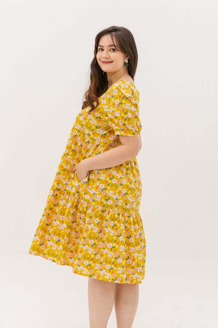 Florence Puff-Sleeved Floral Tiered Dress In Yellow