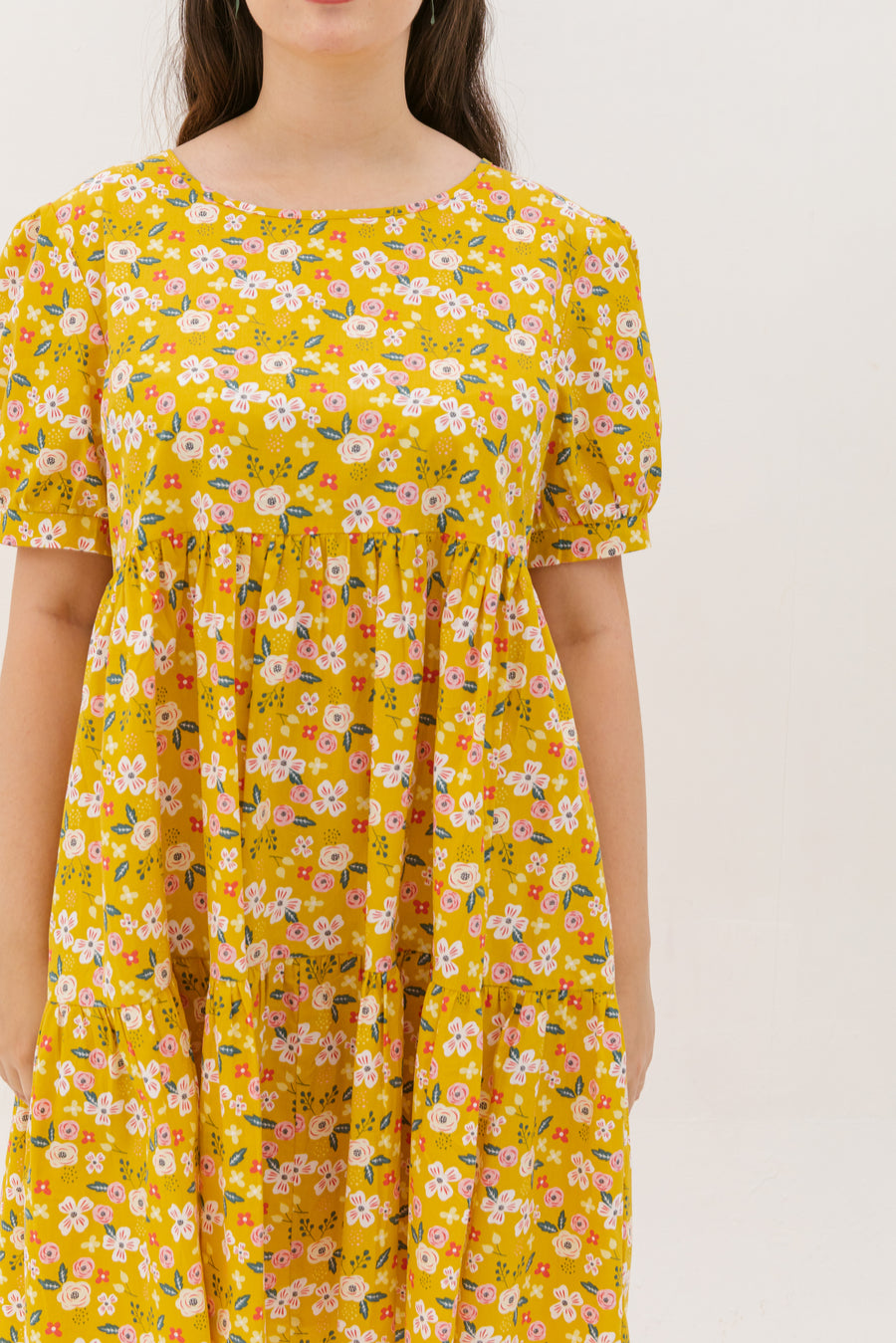 Florence Puff-Sleeved Floral Tiered Dress In Yellow