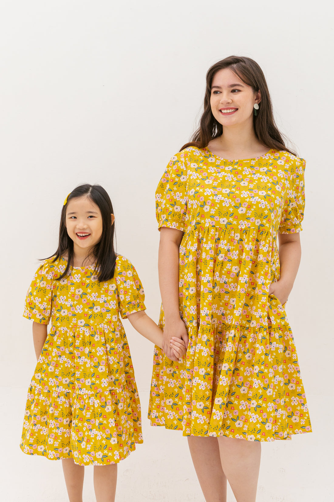 Florence Puff-Sleeved Floral Tiered Dress In Yellow