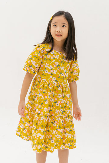 Finley Puff-Sleeved Floral Tiered Dress In Yellow